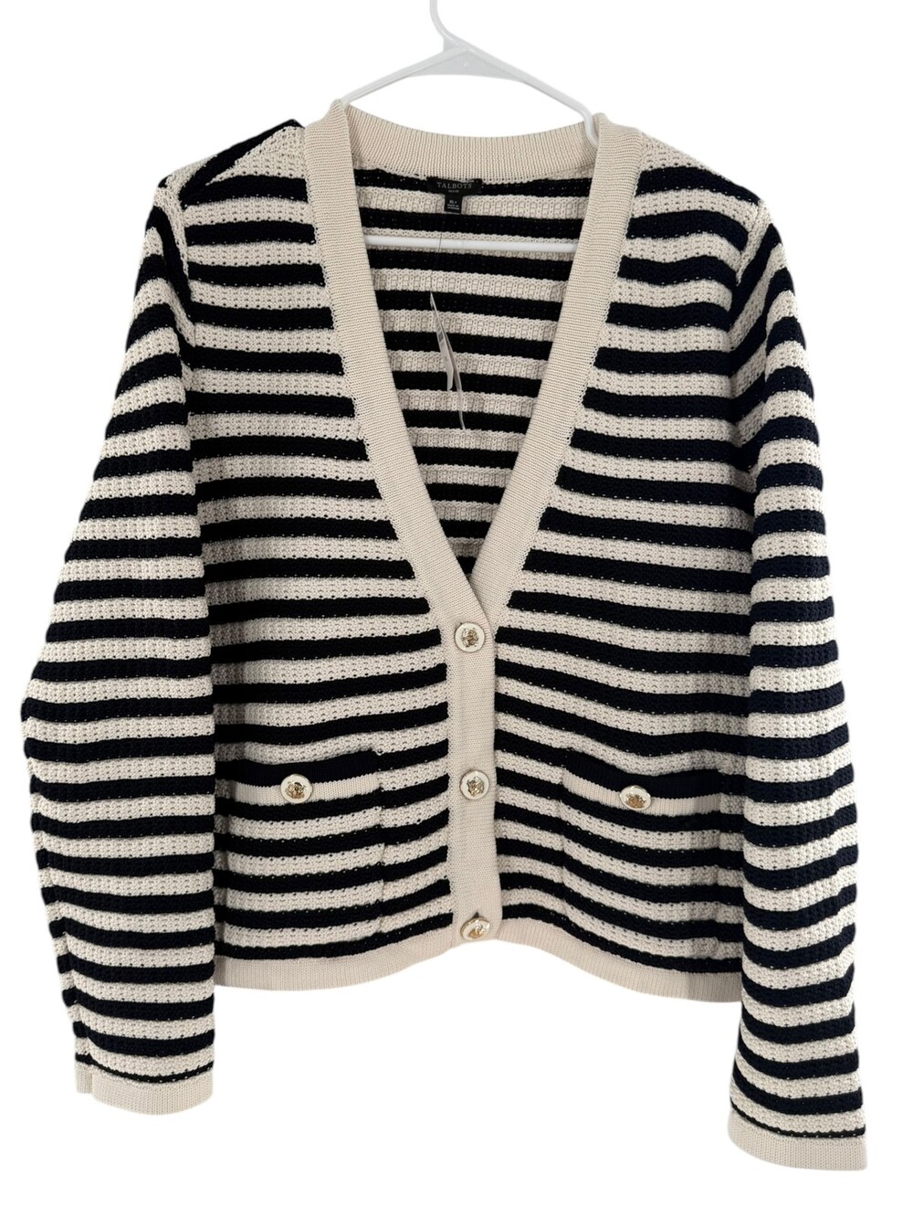 Talbots Petite Striped Cardigan Sweater Navy Cream Knit Button Front PXL